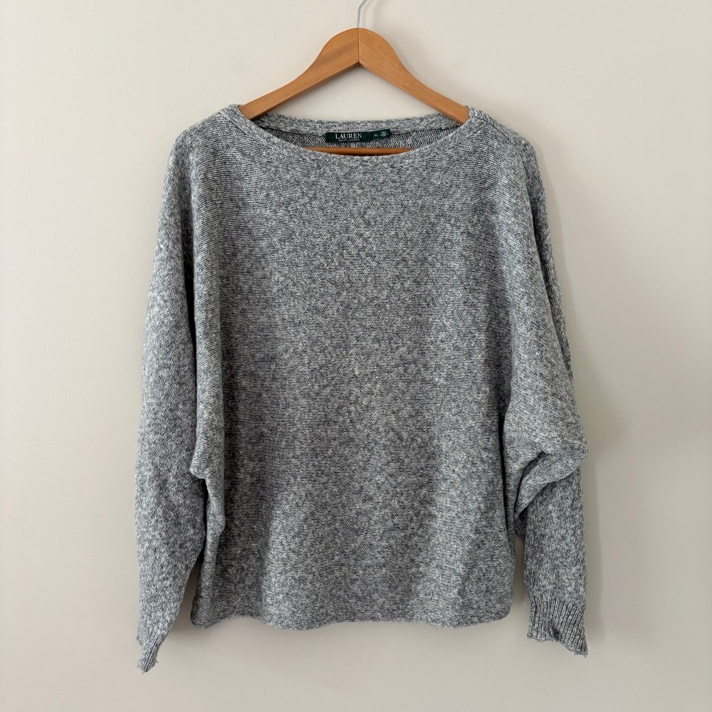 Lauren Ralph Lauren Sweater XL Gray Dolman Sleeve Boat Neck Marled Knit